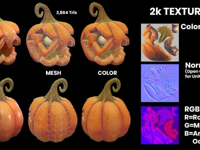 Game Ready Pumpkin three carved pumpkins Low-poly 3D model