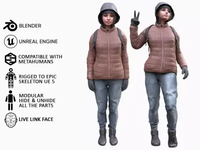 Woman in Winter Outfit 3 - Modular - Rigged Low-poly 3D model