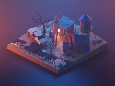 fallout model  with old car and old garage low poly model Low-poly 3D model