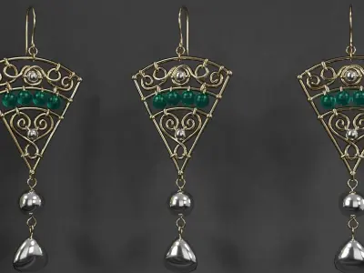 earrings with emeralds and pearls 3D model