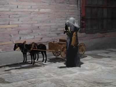 gost with lamb in hand near horse vehicle 3D model