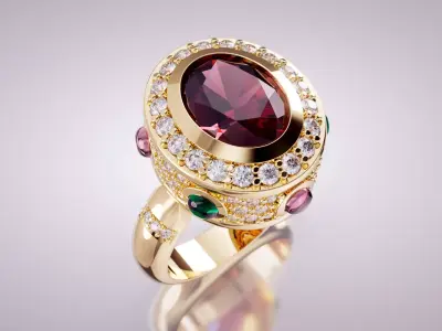 Luxury Cocktail Ring with Garnet Emerald and Diamonds 3D print model
