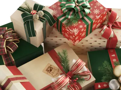 Christmas Gifts Boxes with Ribbons and Pine 3D model