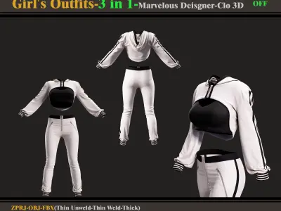 3 in 1 Girls Outfits- Marvelous Designer-Clo3d -OBJ - FBX -ZPRJ 3D model