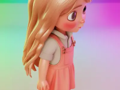 Radiant Cartoon Girl 3D Character Wavy Hair Pink Overalls Low-poly 3D model