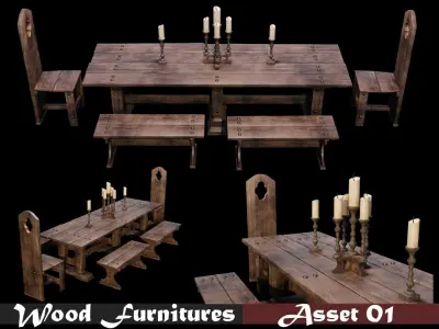 PBR WOOD FURNITURES - Collection - 03  - 4K Textures Game Ready Low-poly 3D model