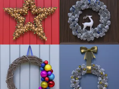 Wreath Collection christmas with pine cones and gold ornaments 3D model