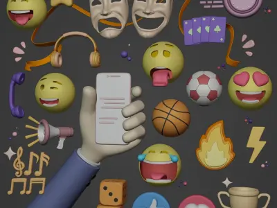 Cartoon Icon Pack - Emoji Smiley Music Hand Smartphone Game Ball Low-poly 3D model