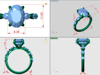 Oval Solitaire ring with under halo 3 stone on side 3D print model