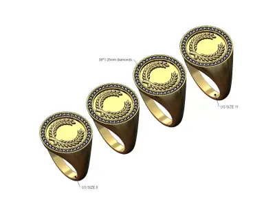 Bay leaves branches crown diamond signet US sizes 8to11 3D print model