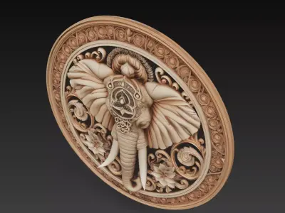 Ornate Elephant Medallion - Sacred Decorative Relief Sculpture 3D print model