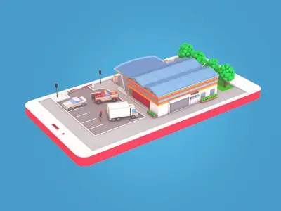 Cartoon Supermarket on Phone screen  Low-poly 3D model