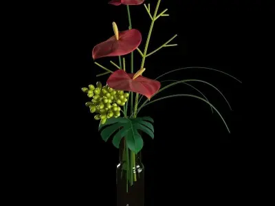 Anthurium arrangement of flowers in glass vase 3D model