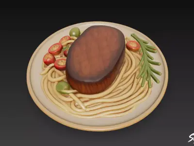 Steak on Spaghetti Low-poly 3D model