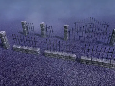 Stone Fence and Gates Low-poly 3D model