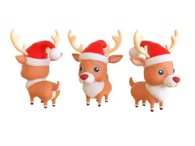 Cute Reindeer Wearing Santa Hat 3D Model Christmas Decor Low-poly 3D model