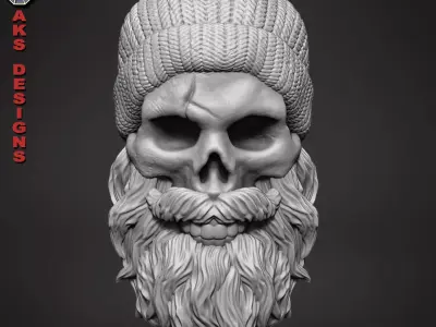 Bearded skull with cap 1 bas Relief 3D print model
