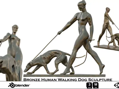 Bronze Human Walking Dog Sculpture Low-poly 3D model