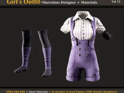 Girls Outfit- MD-Clo3d - Smart Material -Textures - OBJ - FBX 3D model