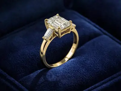 5ct Radiant Cut and Baguette 3 Stone Gold Engagement Ring 3D print model