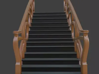 Art Nouveau Wooden Staircase Ornate Curved Railings PBR 3D Model 3D model