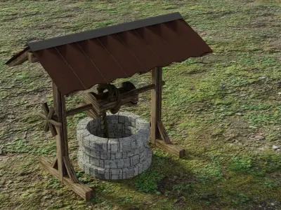 Stone Well with rope and mechanism 3D model