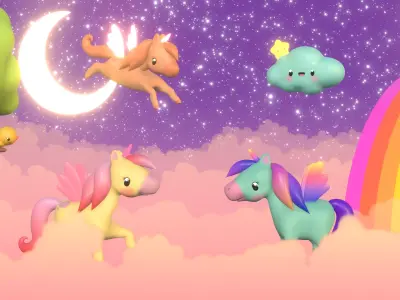 Stylized Toon Unicorn Pegasus rigged Low-poly 3D model