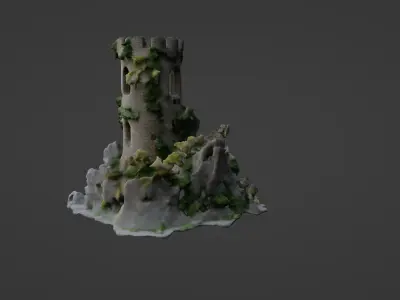 Medieval Stone Tower Ruin with Overgrowth 3D model