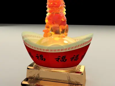 Chinese gold ingot with lion statue 3D model
