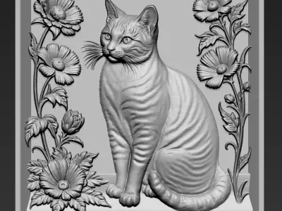 Cat and Flowers A34 3D print model