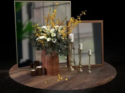 Decor set candles candlesticks bouquet of flowers and mirrors 3D model