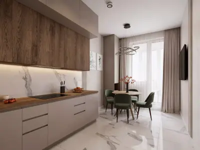 Light kitchen with wooden furniture scene 3D model