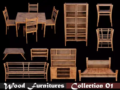 PBR WOOD FURNITURES - Collection 01  - 4K Textures Game Ready Low-poly 3D model