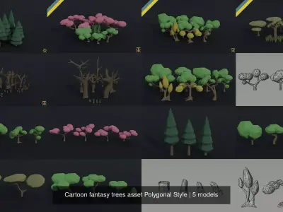 Cartoon fantasy trees asset Polygonal Style 3D Model Collection