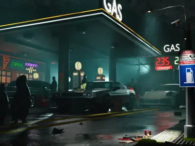 FREE Mysterious Vintage Gas Station with Cars Free 3D model