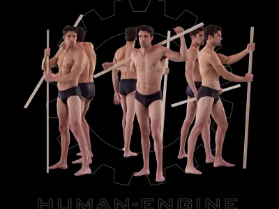 6 Male Holding a Stick Poses Anatomical Reference Bundle 008 3D model