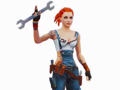 Female Builder - Engineer Woman - Overall Tool Belt - Animated Low-poly 3D model