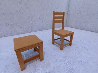 chari two wooden chairs and stool Low-poly 3D model