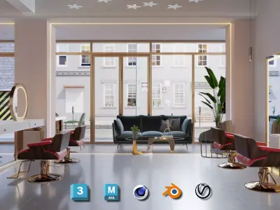 Luxury Hair Salon Interior  Modern Design Shampoo Unit Makeup 3D model