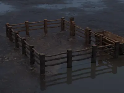 Wooden Fence Trough Gate and Bucket Low-poly 3D model