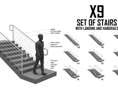 Stairs with Landing and Railings x9 for Architecture 3D model