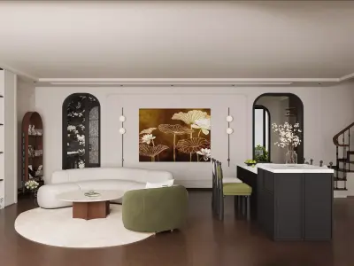 French style living room and kitchen 3D model