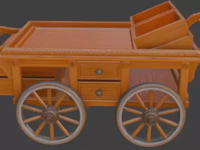 Ornate Wooden Vendor Cart 3D Model 3D model