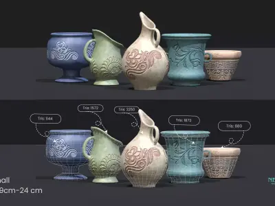 Realistic Game Ready Clay Pottery Set - Ancient Clay Pots Low-poly 3D model