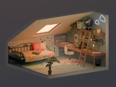 Attic bedroom Low-poly 3D model