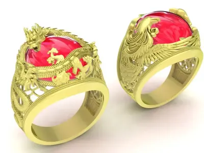 Luxury Asian Dragon Ring with Red Cabochon Gemstone  3871 3D print model