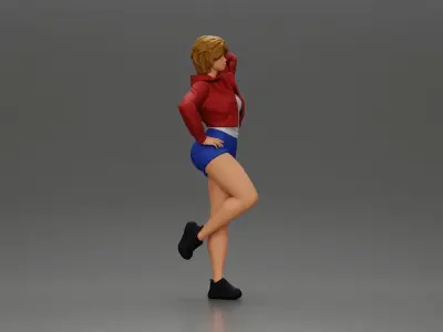 Sexy girl with short hair in mini jacket shorts leaning on a car 3D print model