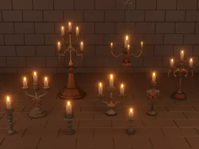 Collection of 9 Low Poly Medieval Fantasy Candlesticks Low-poly 3D model