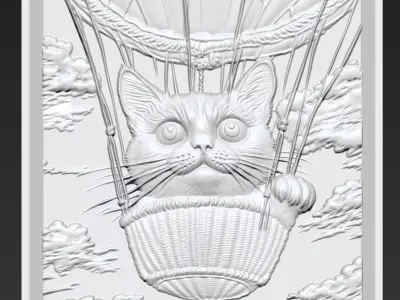 Kitten riding a hot air balloon A42 3D print model