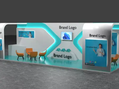 Futuristic booth design with cyan LED accents and modern layout 3D model